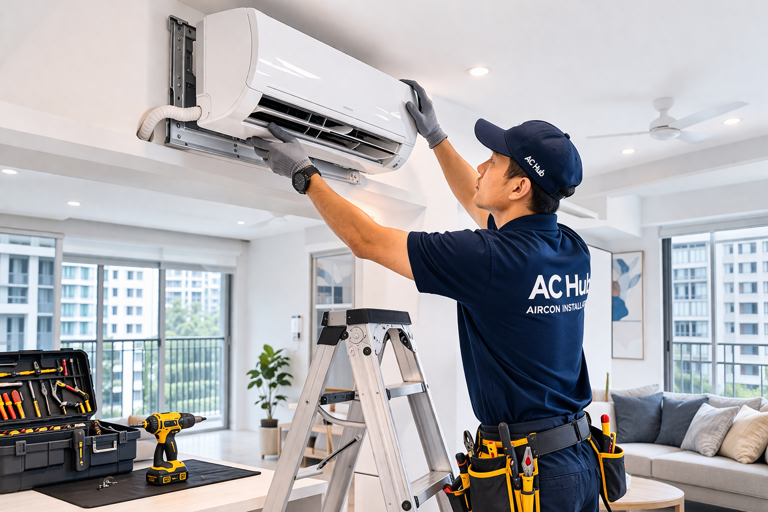 AC Hub technician performing aircon installation on-site