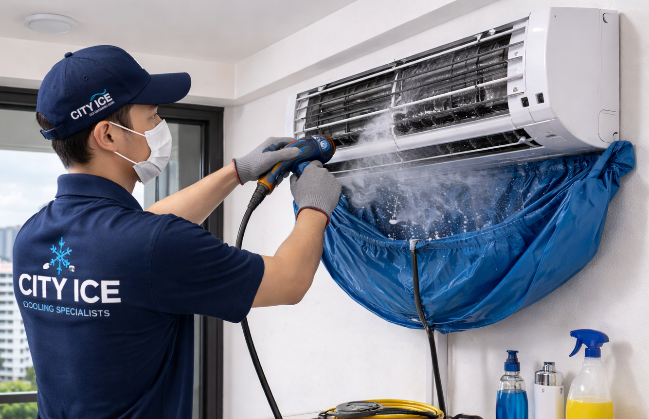City Ice technician performing aircon servicing and cleaning